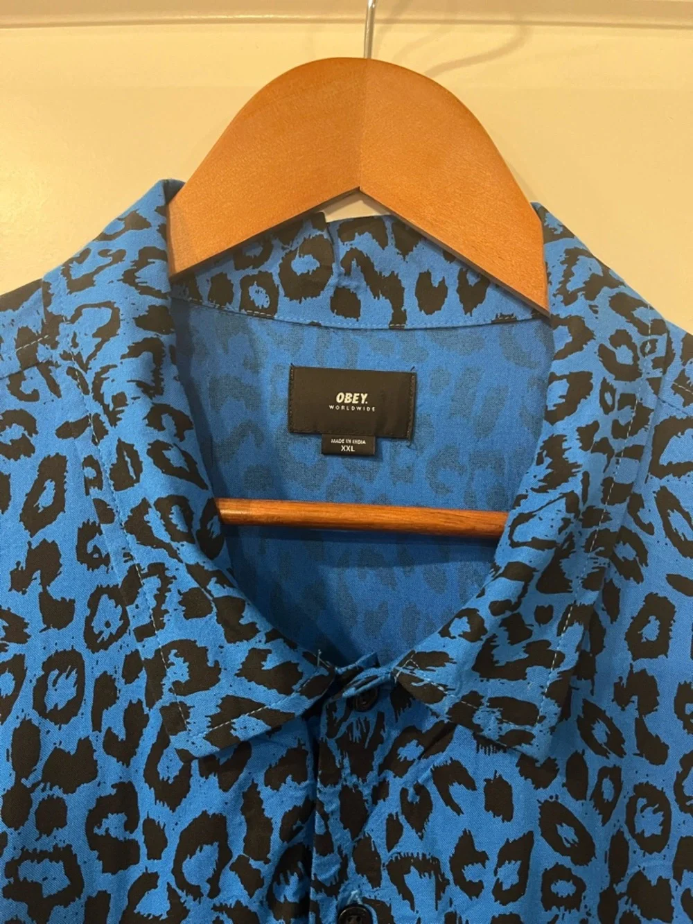 Obey Blue and Black Leopard Print SS Button Up - Picture 2 of 5